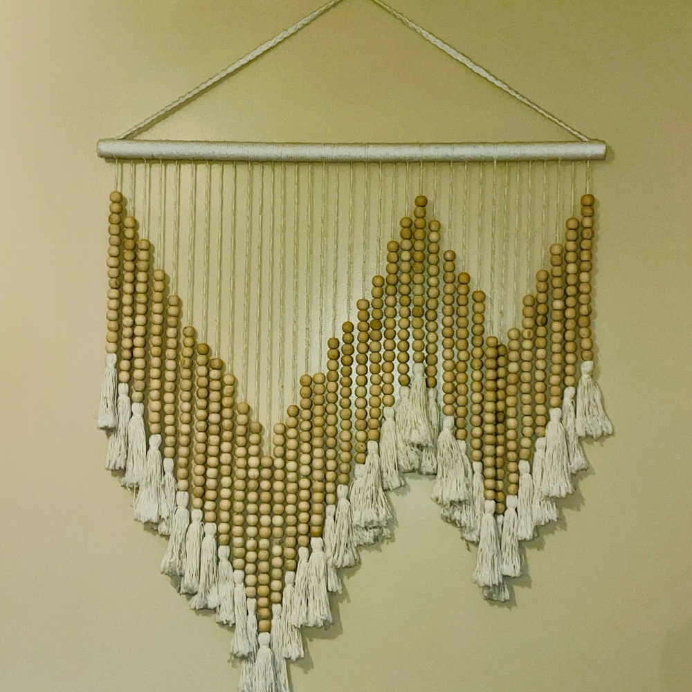 Handmade Bohemian Wall Hanging Macrame Cream with Tan Wooden Beads